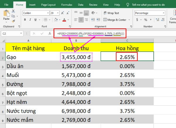 Nhập công thức: =IF(B2←2500000,0%,IF(B2→5500000,3.75%,2.65%))