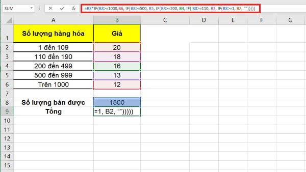 Nhập công thức kết hợp phép nhân với hàm IF lồng nhau