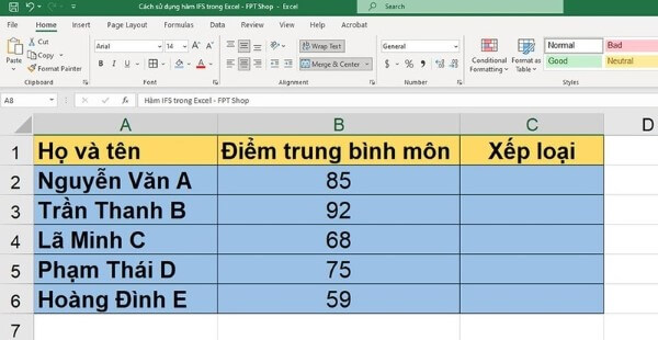 Ví dụ cách sử dụng hàm IFS để phân loại