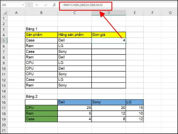Nhập công thức: =MATCH(B5,$B$16:$B$19,0)