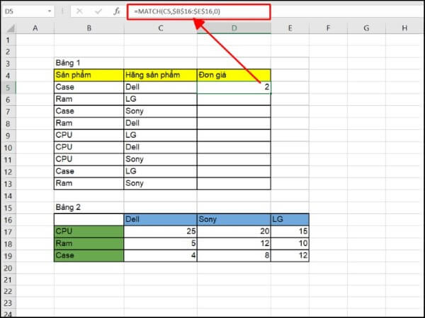 Nhập công thức: =MATCH(C5,$B$16:$E$16,0)