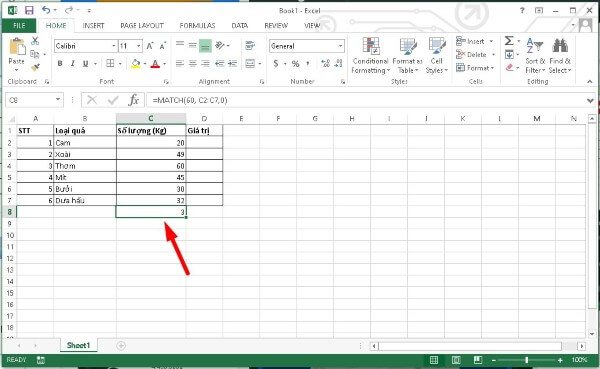 Nhập công thức: =MATCH(60,C2:C7,0)