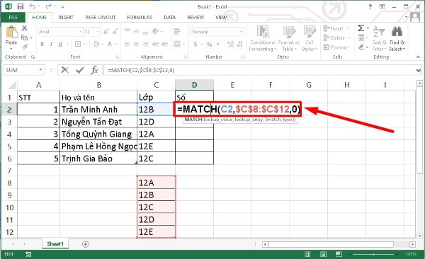 Nhập công thức: =MATCH(C2,$C$8:$C$12,0)