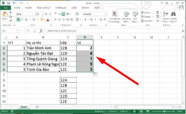 Nhận kết quả trả về vị trí tương ứng của lớp học sinh