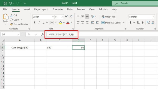 Cách sử dụng hàm MID kết hợp với VALUE để trả về số