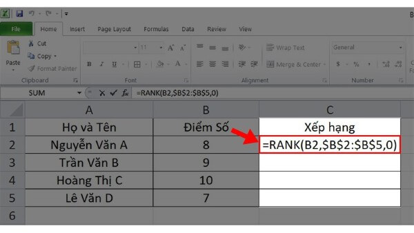 Nhập công thức: =Rank(B2,$B$2:$B$10,0)