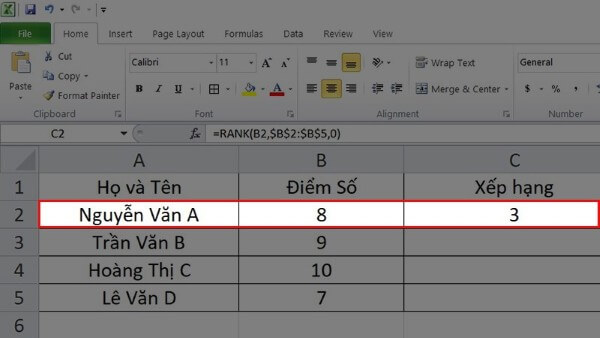 Kết quả trả về vị trí thứ hạng tương ứng