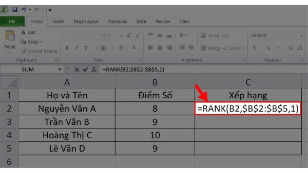 Nhập công thức: =Rank(B2,$B$2:$B$10,1)