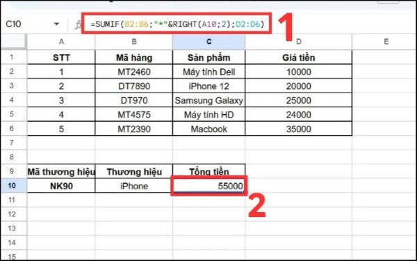 Ví dụ cách dùng hàm SUMIF kết hợp với RIGHT