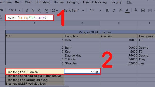 Hàm SUMIF trên Excel tương tự trên Google Sheets
