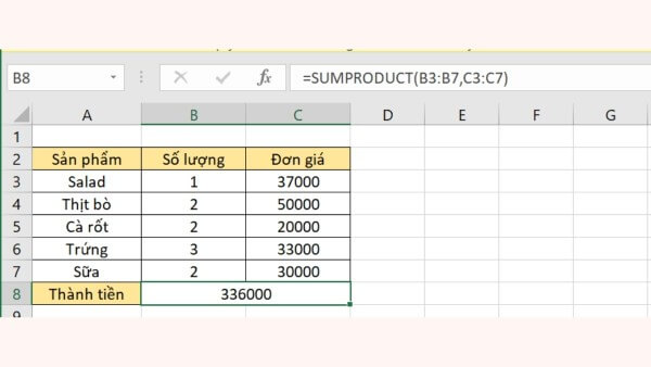 Nhập công thức: =SUMPRODUCT(B3:B7,C3:C7)