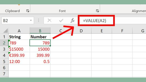 Nhập công thức: =VALUE(A2)