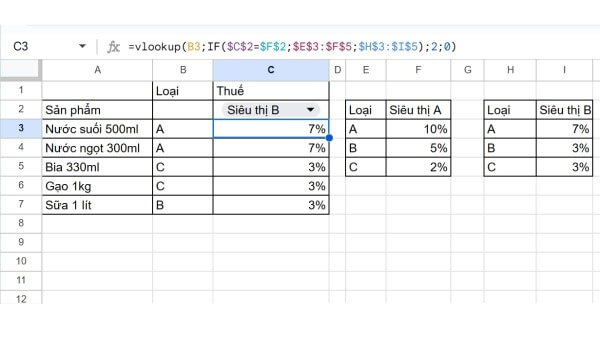 Ví dụ hàm hàm VLOOKUP lồng hàm IF có điều kiện