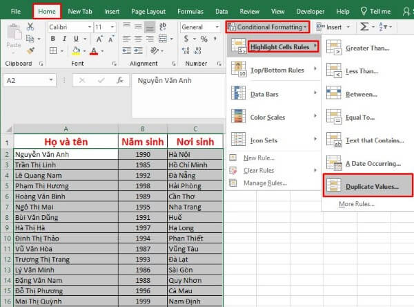 Chọn Highlight Cells Rules → Duplicate Values