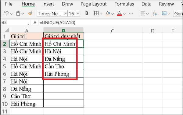 Ví dụ dùng hàm UNIQUE để loại bỏ dữ liệu trùng lặp
