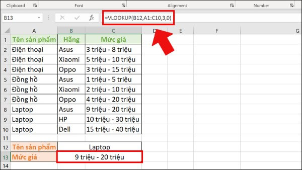 Ví dụ công thức hàm VLOOKUP nhiều điều kiện