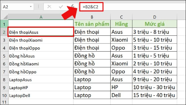 Nhập công thức: =B2&C2