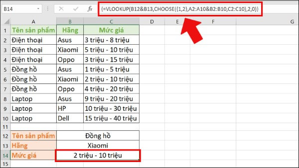 Ví dụ cách kết hợp hàm VLOOKUP và CHOOSE