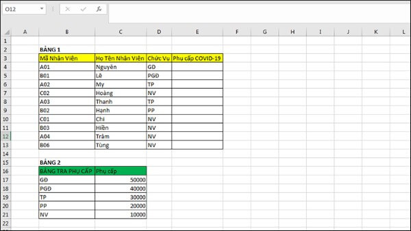 Ví dụ dùng hàm VLOOKUP để tính phụ cấp theo chức vụ