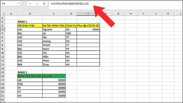 Nhập công thức: =VLOOKUP(D4,$B$16:$C$21,2,0)