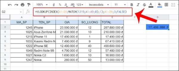 Công thức kết hợp với hàm INDEX và MATCH