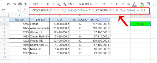 Công thức kết hợp với hàm OR