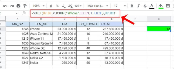 Công thức kết hợp với hàm SUMIF