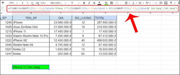 Ví dụ công thức kết hợp nhiều điều kiện