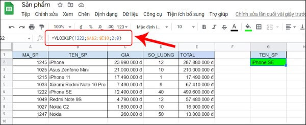 Ví dụ công thức hàm VLOOKUP trong Google Sheets