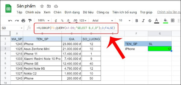 Công thức kết hợp với hàm QUERY