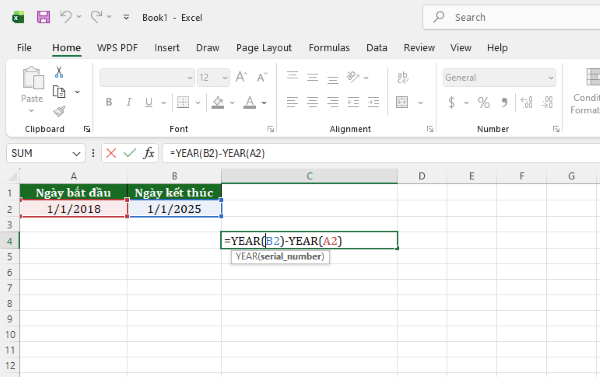 Nhập công thức: =YEAR(B2)-YEAR(A2)