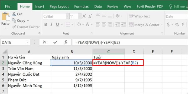 Nhập công thức: =YEAR(NOW())-YEAR(B2)