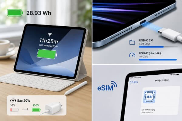 iPad A16 có thời lượng sử dụng tương đối ổn định với viên pin 7.606 mAh