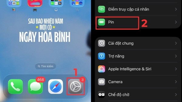 Mở Cài đặt → chọn Pin