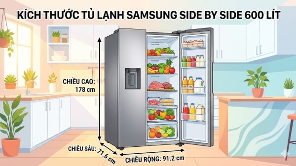 Bảng kích thước tham khảo tủ lạnh 600 lít của một số thương hiệu