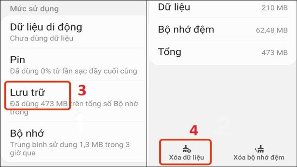 Nhấn Lưu trữ → chọn Xóa bộ nhớ đệm