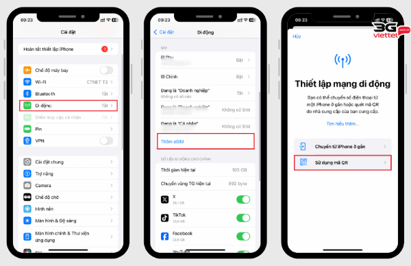 Chọn Thêm eSIM và quét mã QR được Viettel cung cấp