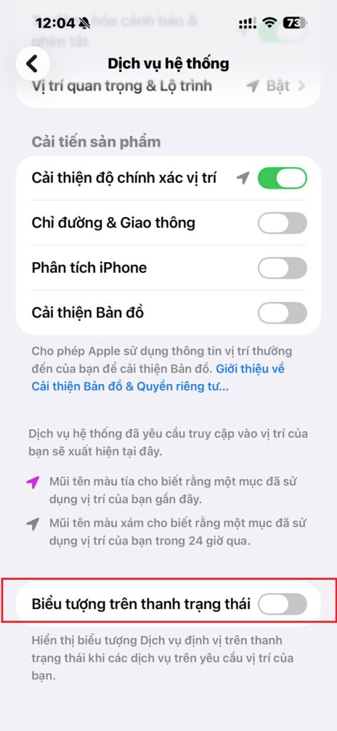 Tắt mục Biểu tượng trên thanh trạng thái