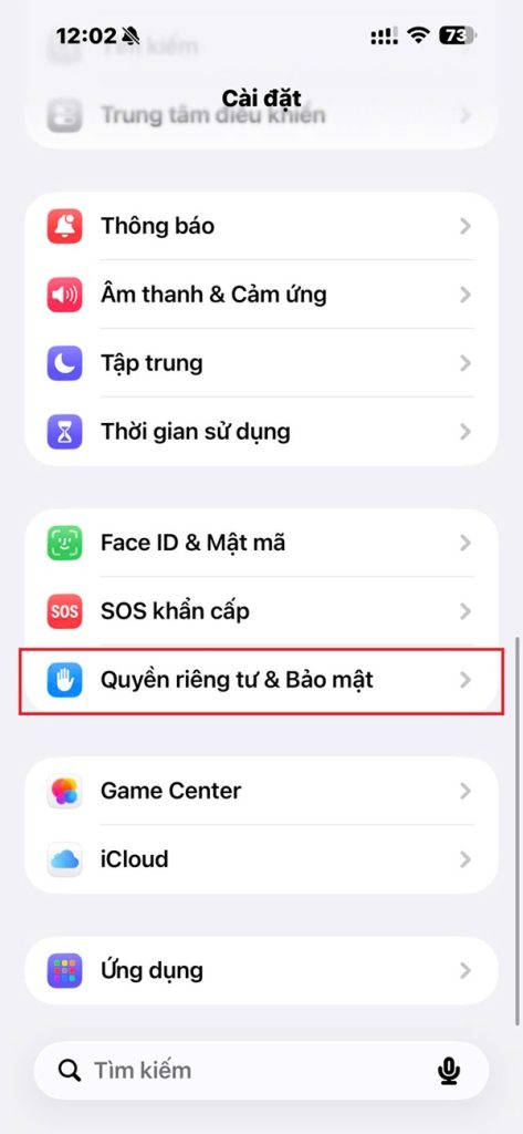 Mở phần cài đặt
