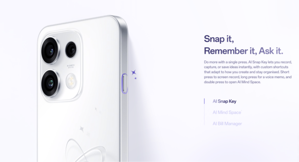 OPPO Reno16 F tích hợp AI Snap Key và AI Mind Space trên ColorOS 16.