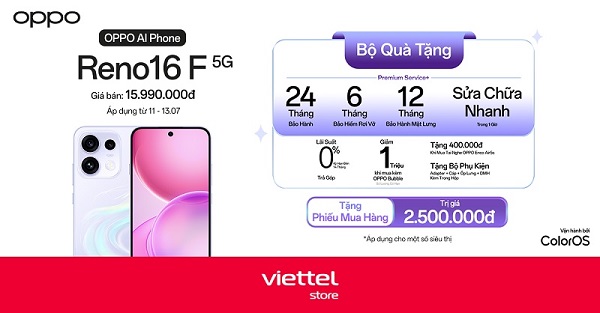 Trải nghiệm OPPO Reno16 F 5G tại 50 siêu thị Viettel Store, nhận phiếu mua hàng trị giá 2,5 triệu đồng