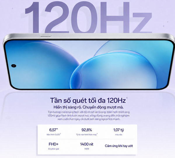 Màn hình OLED 6,57 inch trên OPPO Reno16 F hỗ trợ tần số quét tối đa 120Hz