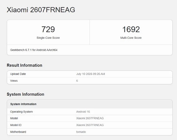 Redmi 17C 5G lộ diện thông qua cơ sở dữ liệu Geekbench