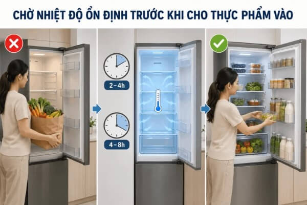 Hãy để tủ chạy chạy trong vài giờ để ổn định nhiệt độ rồi mới cho thực phẩm vào