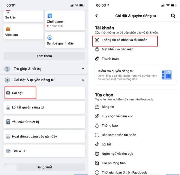 Chọn mục Thông tin cá nhân và tài khoản