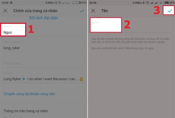 Nhấn vào "Tên" và nhập tên hiển thị muốn đổi