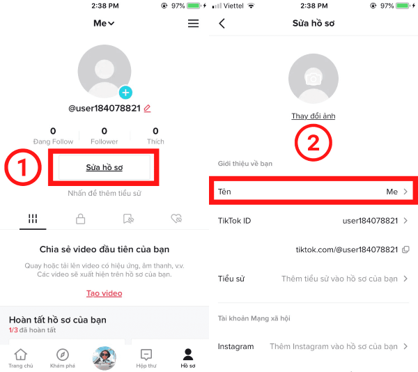Chọn mục “Sửa hồ sơ” và tiến hành đổi tên