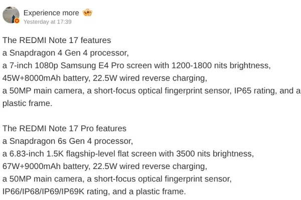 Thông số kỹ thuật Redmi Note 17 và Note 17 Pro tiếp tục được hé lộ với nhiều nâng cấp đáng chú ý về màn hình, pin và hiệu năng