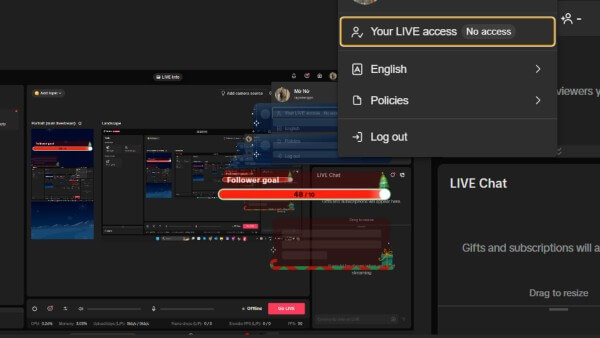 Chọn mục "Quyền truy cập LIVE"