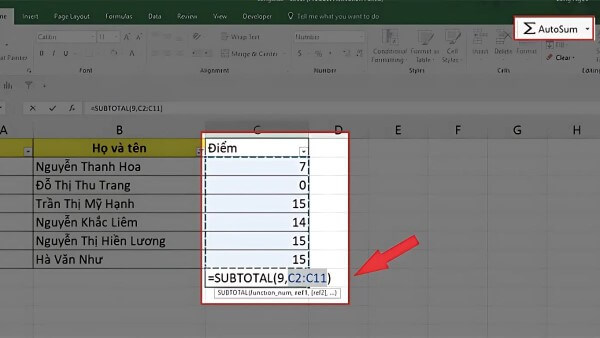 Ví dụ về cách sử dụng hàm SUBTOTAL